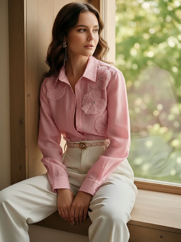 Long Sleeves Applique Split-Joint Lapel Blouses&Shirts Tops