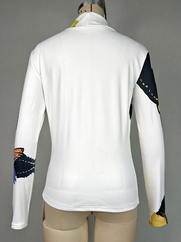 Long Sleeves Skinny Flower Print High Neck T-Shirts Tops