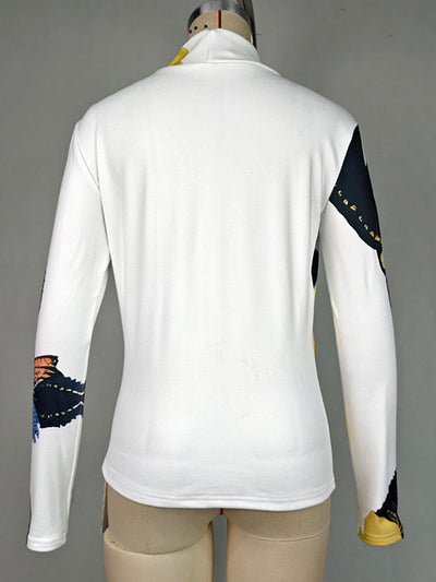 Long Sleeves Skinny Flower Print High Neck T-Shirts Tops