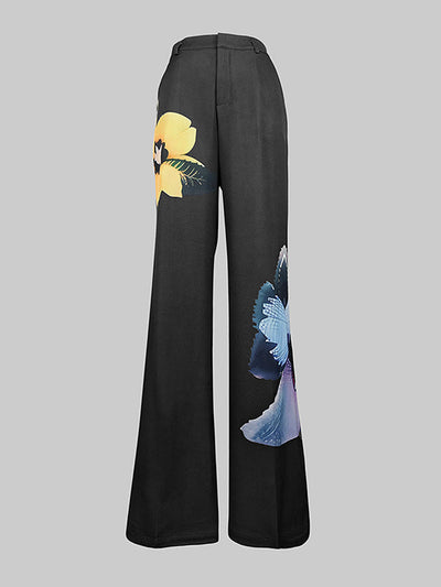 High Waisted Loose Flower Print Pockets Pants Trousers