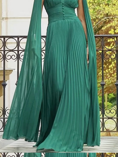 Long Sleeves Pleated Solid Color V-Neck Maxi Dresses
