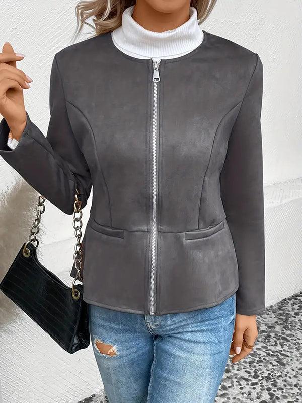 Long Sleeves Loose Pockets Solid Color Split-Joint Zipper Round-Neck Jackets Outerwear