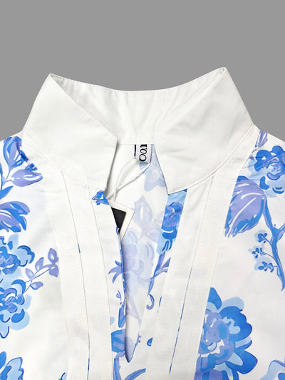 Flared Sleeves Loose Flower Print Split-Joint Split-side Deep V-Neck Midi Dresses