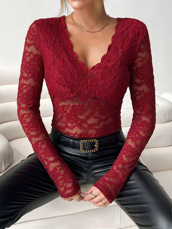 Long Sleeves Skinny See-Through Solid Color Deep V-Neck T-Shirts