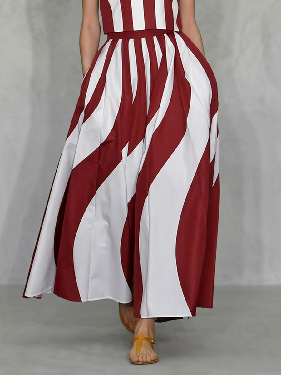 A-Line High Waisted Contrast Color Pleated Pockets Wave Print Skirts Bottoms