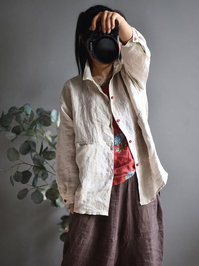 Plus Size Women Casual Solid Spring Stitching Linen Shirt