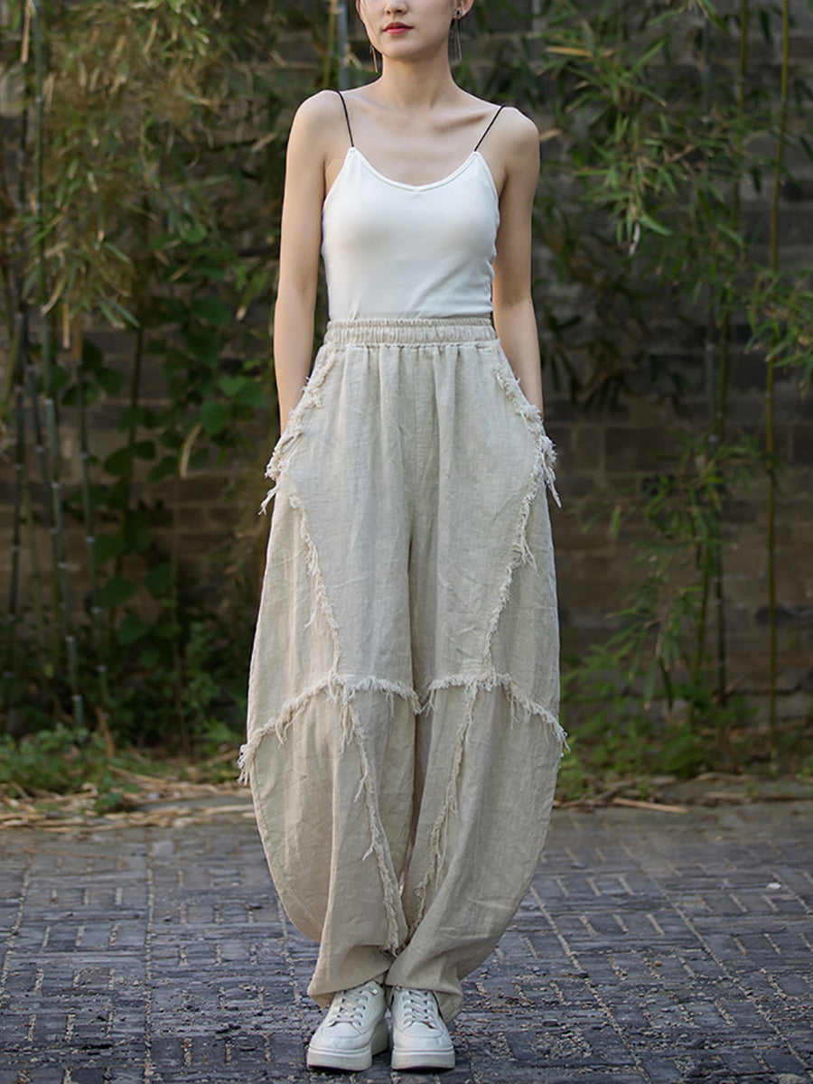 Women Summer Worn Raw-edge Ramie Harem Pants