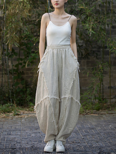 Women Summer Worn Raw-edge Ramie Harem Pants