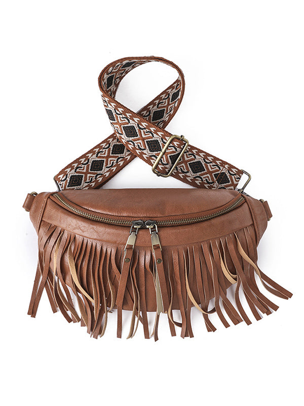 Geometric Tasseled Zipper Crossbody Bags