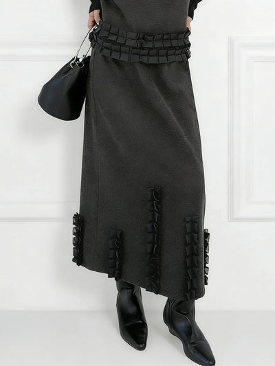 Contrast Color Ruffled Split-Joint V-Neck Vest Top + Elasticated Waist High Waisted Pleated Skirts Bottoms Two Pieces Set