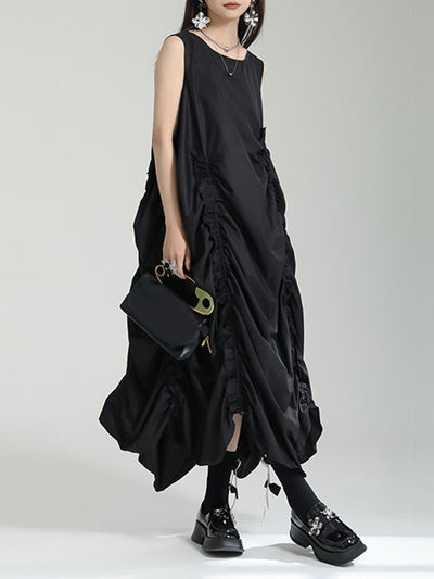 Loose Sleeveless Asymmetric Elasticity Pleated Solid Color Round-Neck Midi Dresses