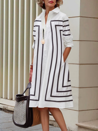 Half Sleeves Loose Buttoned Striped Lapel Midi Dresses Shirt Dress