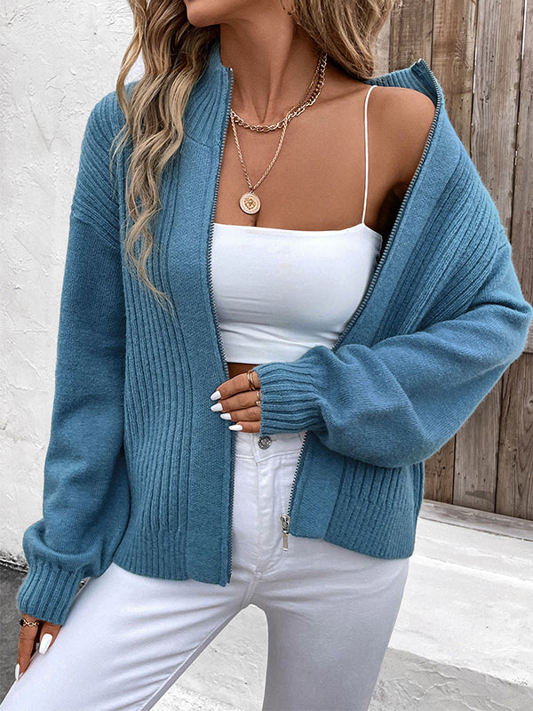 Long Sleeves Loose Solid Color Split-Joint Zipper Stand Collar Cardigan Tops