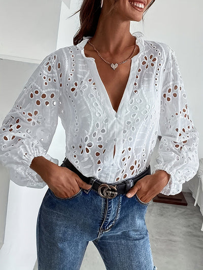 Irregularity Long Sleeves Buttoned Flower Shape Hollow See-Through Single-Breasted Solid Color Split-Joint V-Neck Blouses&Shirts Tops
