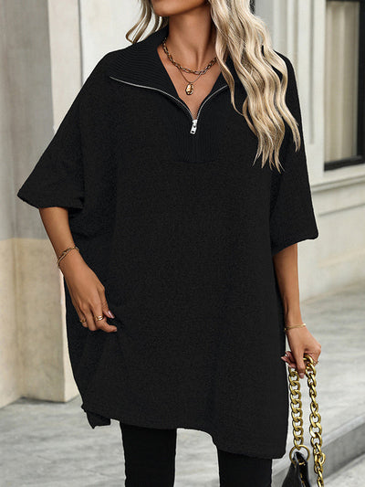 Loose Three-Quarter Sleeves Split-Joint Zipper V-Neck Sweater Tops