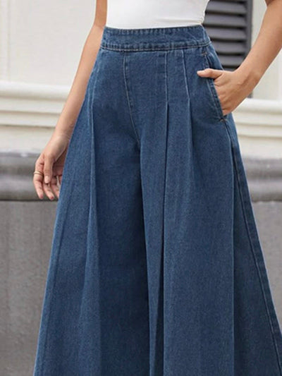 Loose Wide Leg Pleated Pockets Solid Color Jean Pants Bottoms Trousers
