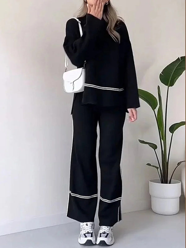 High-Low Contrast Color Split-Side Round-Neck Sweater Top + High Waisted Pants Bottom Two Pieces Set