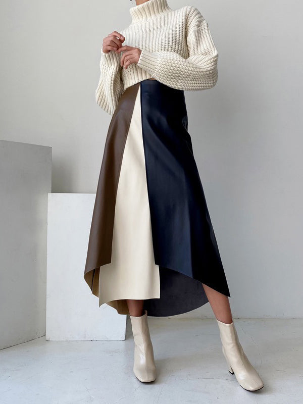 A-Line High Waisted Asymmetric Contrast Color Split-Front Skirts Bottoms