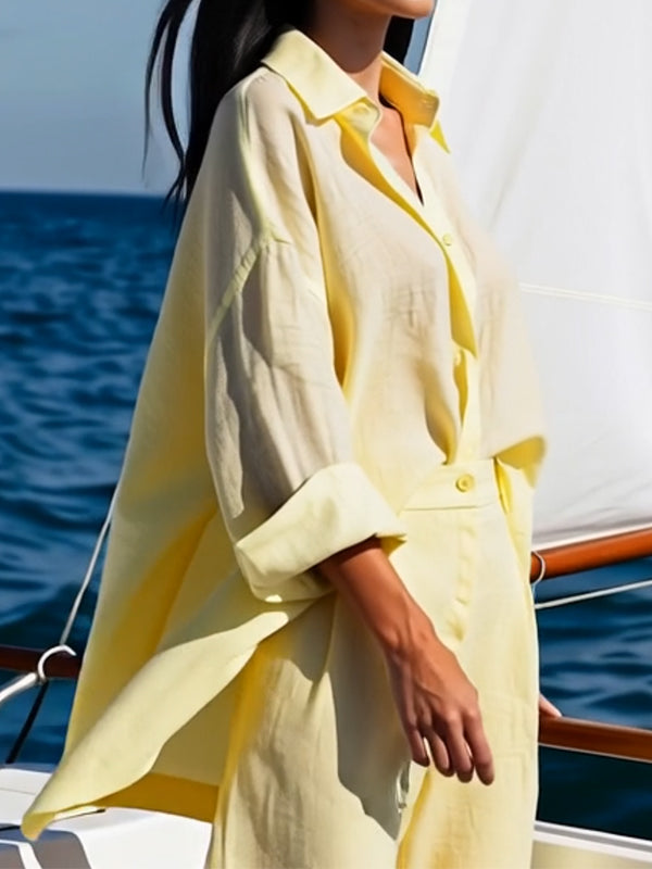 Long Sleeves Loose Solid Color Split-Joint Lapel Blouses&Shirts Tops