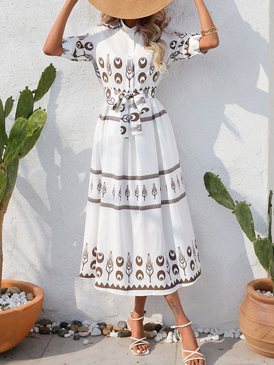 A-Line Half Sleeves Buttoned Tied Waist Lapel Midi Dresses