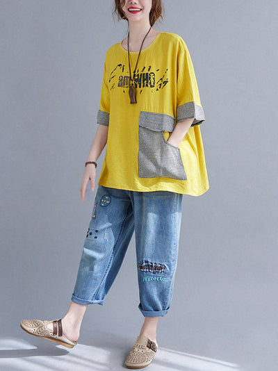 Original Letter Print Split-Joint Round-Neck T-Shirts Tops