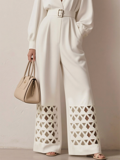 Long Sleeves Puff Sleeves Belted Hollow Solid Color Deep V-Neck Jumpsuits