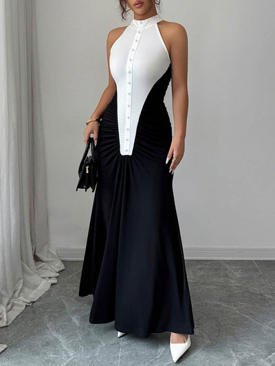 High Waisted Sleeveless Buttoned Contrast Color Pleated Split-Joint Halter-Neck Maxi Dresses