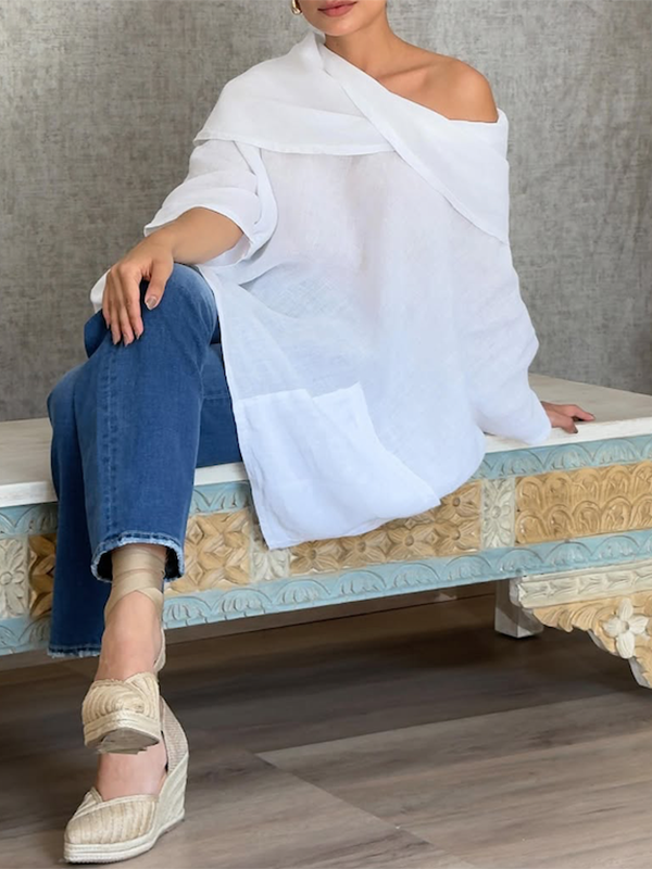 Long Sleeves Loose Asymmetric Pockets See-Through Solid Color Blouses&shirts Tops