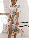 A-Line Loose Buttoned Flower Print Tied Waist Lapel Midi Dresses