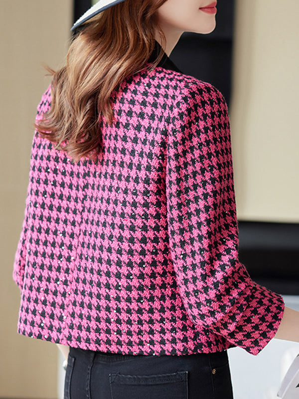 Long Sleeves Plus Size Buttoned Houndstooth Pockets Split-Joint Lapel Outerwear
