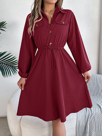 A-line Long Sleeves Buttoned Pleated Solid Color Tied Lapel Midi Dresses Shirt Dress