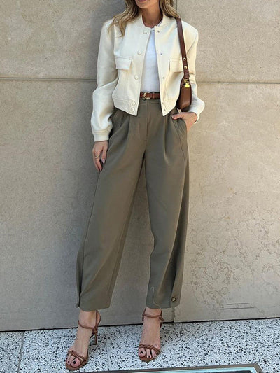 High Waisted Loose Buttoned No Belt Pleated Pockets Suit Pants