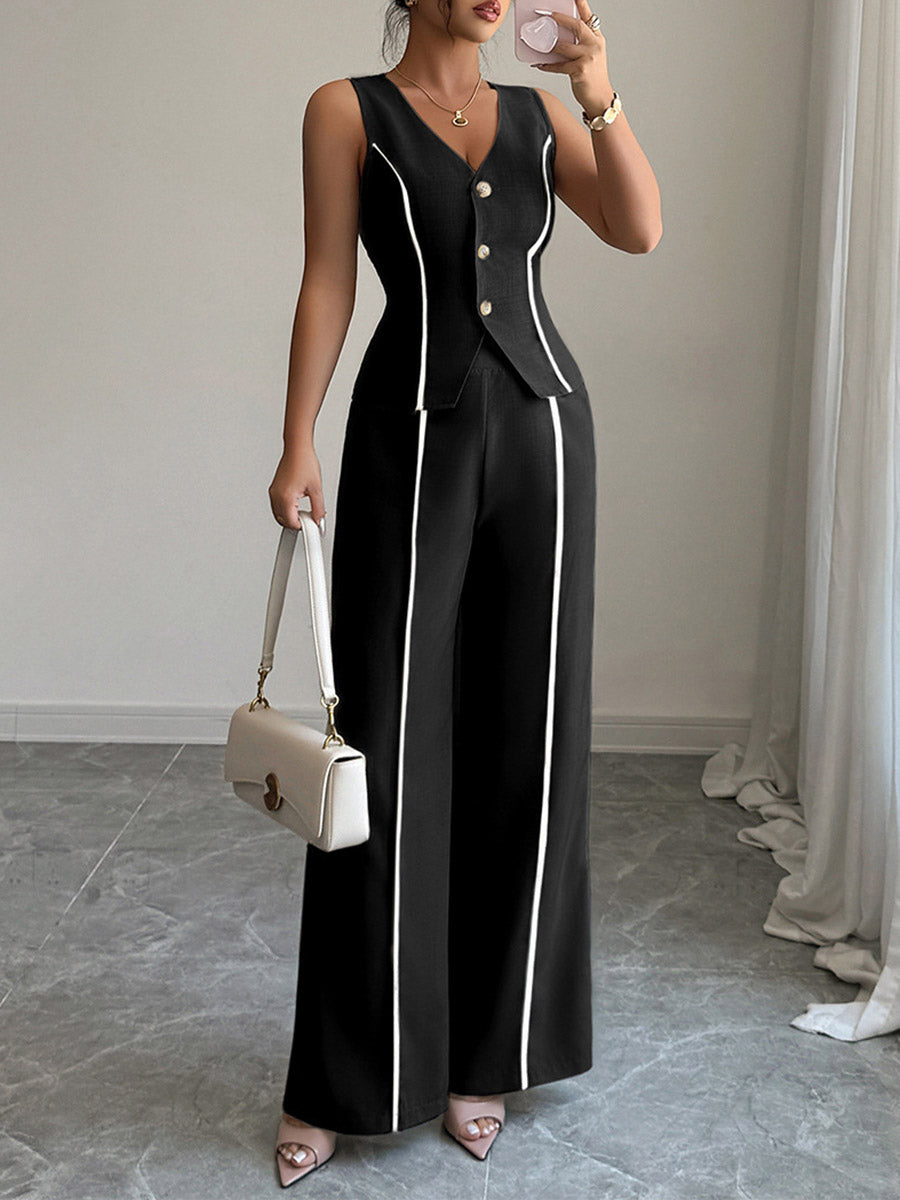 Contrast Color Sleeveless Buttoned V-Neck Blouses&Shirts Tops + High Waisted Pants Trousers Two Pieces Set