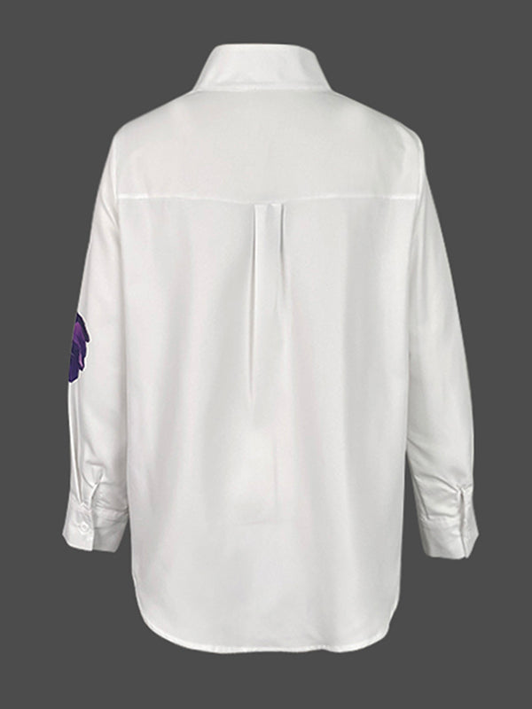 Long Sleeves Loose Flower Print Stand Collar Blouses&Shirts Tops