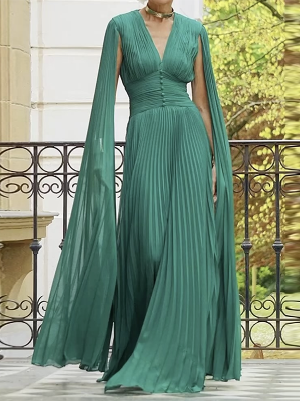 Long Sleeves Pleated Solid Color V-Neck Maxi Dresses