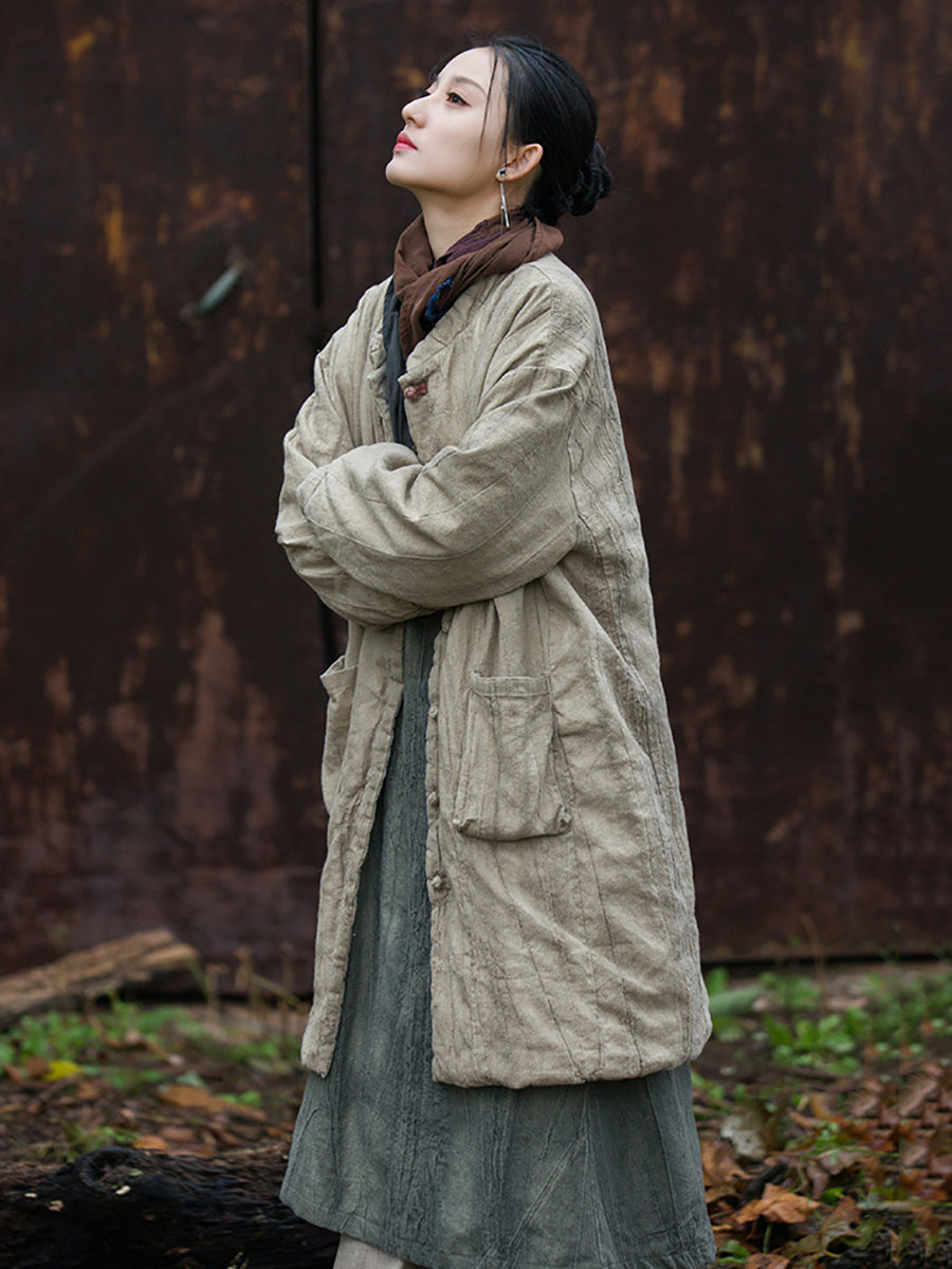 Women Winter Ethnic Solid Ramie Padded Long Coat