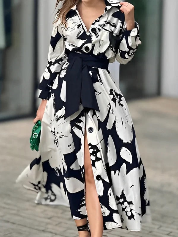 A-Line Long Sleeves Buttoned Contrast Color Flower Print Tied Waist Lapel Midi Dresses Shirt Dress