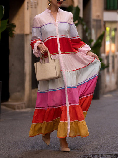 Puff Sleeves Contrast Color Split-Joint Round-Neck Maxi Dresses Shirt Dress