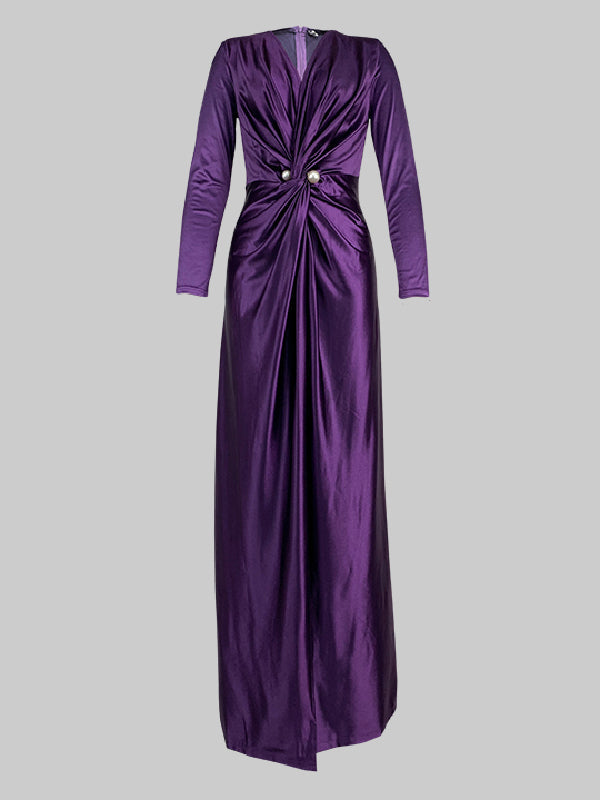 Solid Color Bodycon Long Sleeves Pleated  Split-Front Tied Waist Deep V-Neck Maxi Dresses