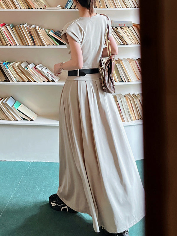 A-Line High Waisted Belted Pleated Solid Color Skirts Bottoms