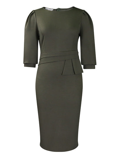 Bodycon Half Sleeves Pleated Solid Color Split-Back Split-Joint Zipper Round-Neck Midi Dresses