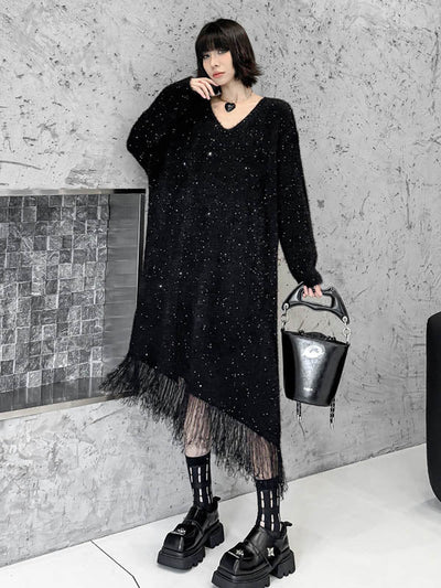 Irregularity Long Sleeves Contrast Color Sequined Shiny Split-Joint Tasseled V-Neck Midi Dresses Sweater Dresses