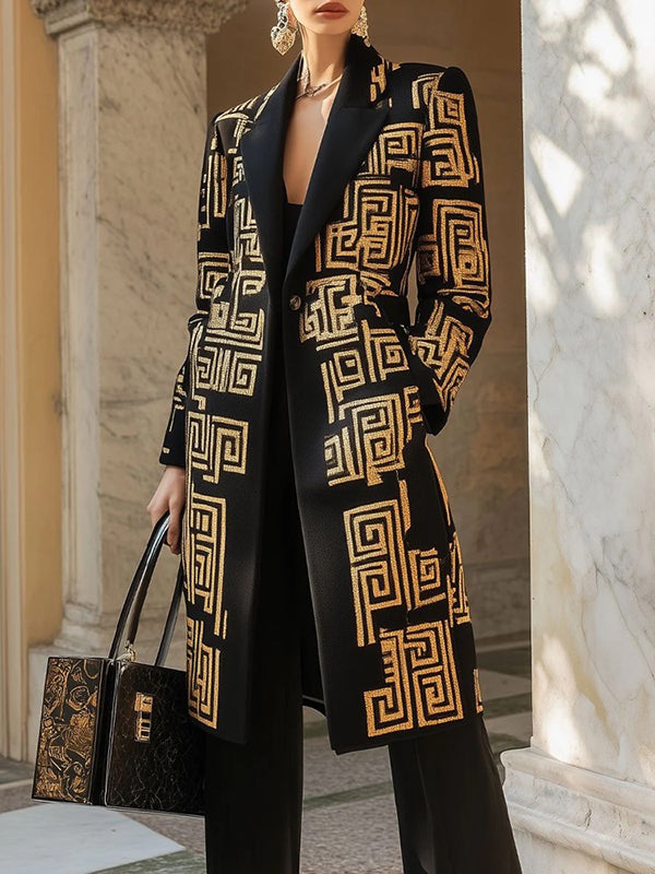 Long Sleeves Loose Buttoned Contrast Color Pockets Notched Collar Woolen Coat