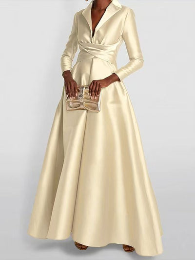 A-Line High Waisted Pleated Solid Color V-Neck Maxi Dresses