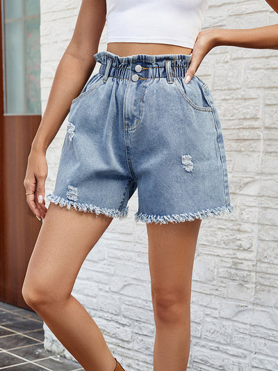 Loose Wide Leg Buttoned Elasticity Fringed Pockets Jean Pants Bottoms Shorts Bottoms