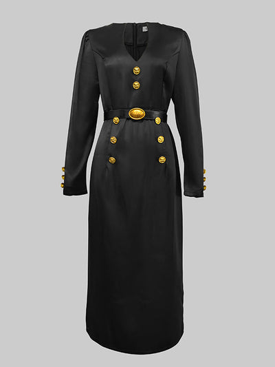 Long Sleeves Puff Sleeves Buttoned Solid Color Deep V-Neck Midi Dresses