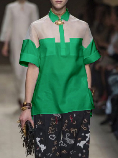 Short Sleeves See-Through Solid Color Split-Joint Lapel Blouses&Shirts Tops