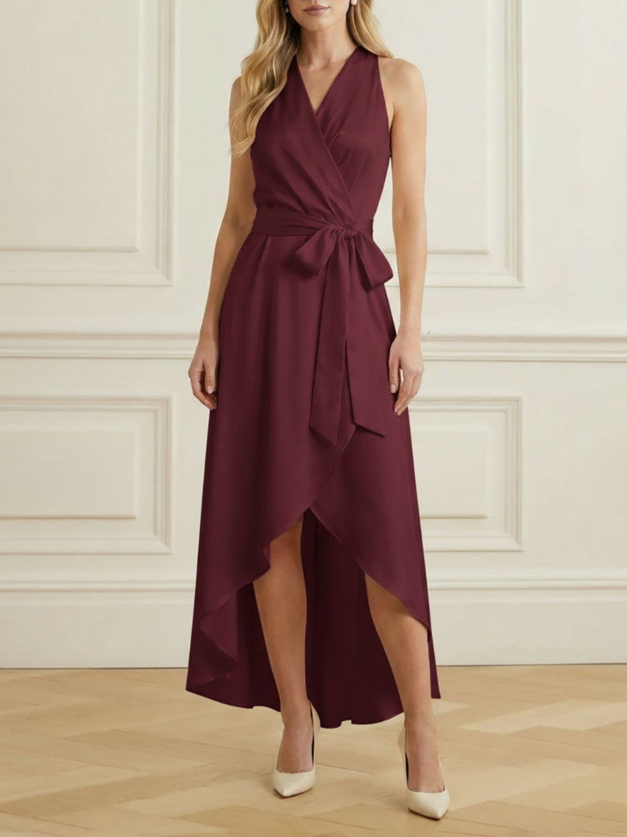High-Low Loose Ruffle Trim Solid Color Tied Waist V-Neck Maxi Dresses