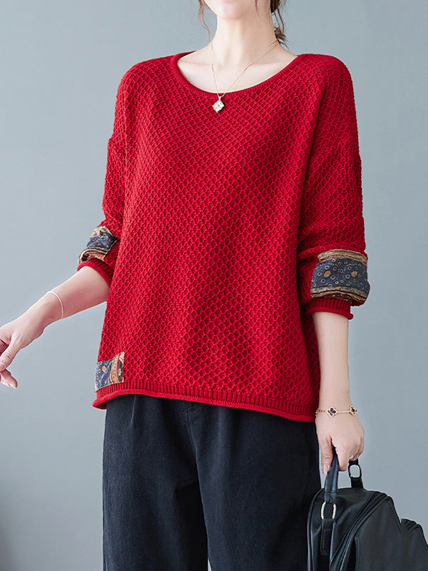 Long Sleeves Loose Printed Split-Joint Round-Neck Pullovers Sweater Tops