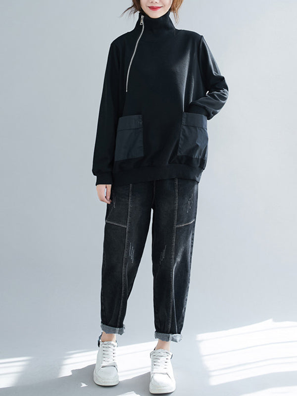 Artistic Retro Loose Zipper High-Neck Long Sleeves Sweatshirt Top